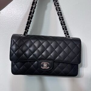 Chanel classic black caviar medium double flap w silver hw